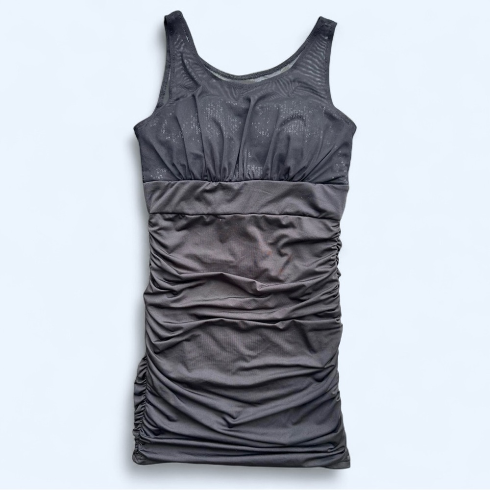 Katie Sequin Mesh Overlay Ruched Mini Dress in Black Size Small